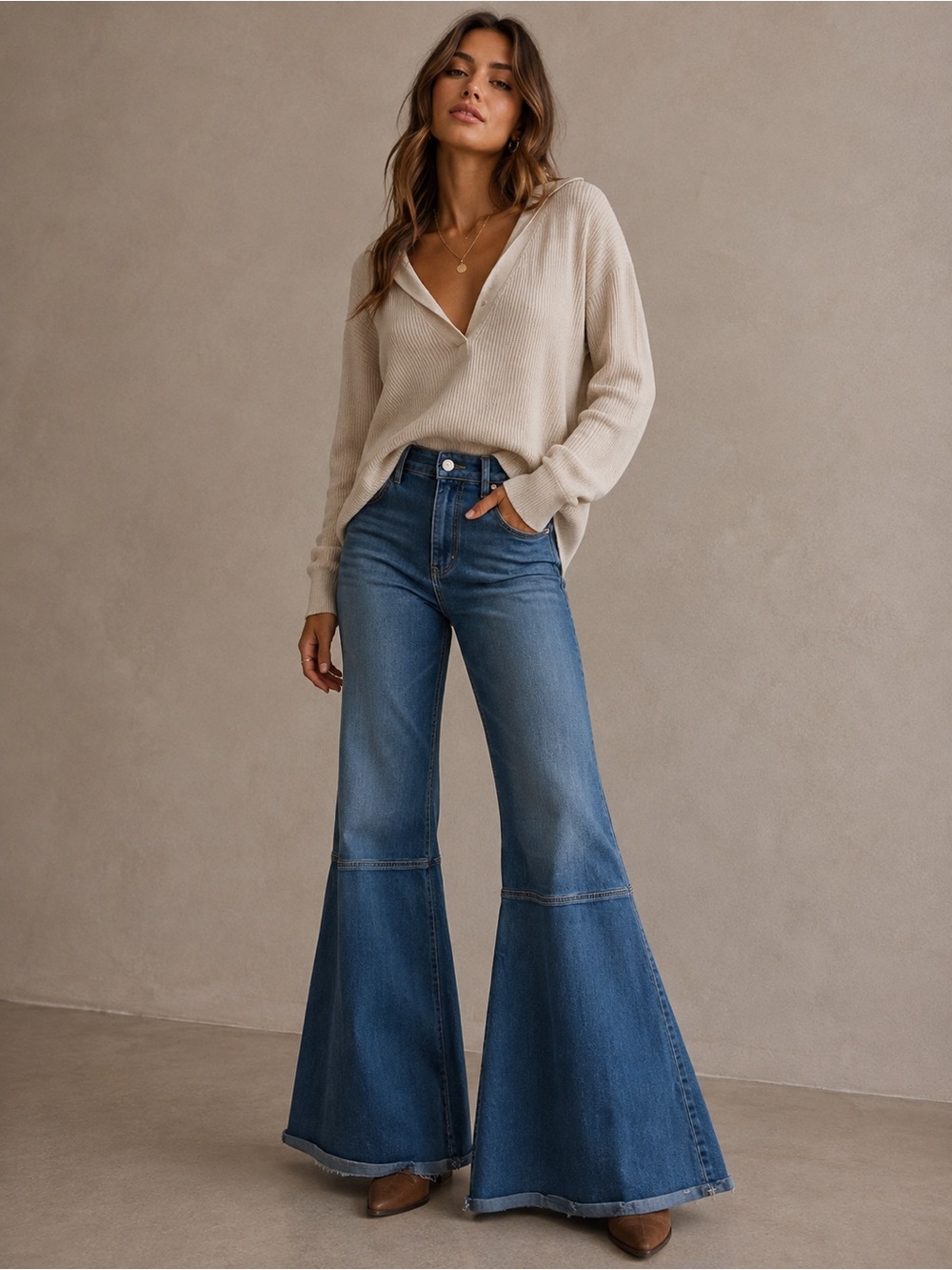 Free People High-Rise Extra Wide Flare Jeans Blue Seamed Raw Hem 31 OB61855